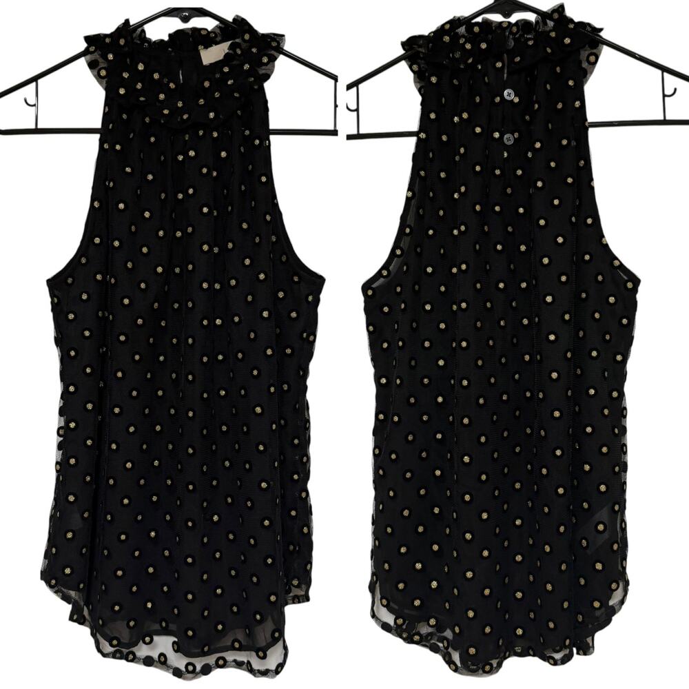 LOFT Black Polka Dot High Neck Sleeveless Blouse Size XS Ruffle Trim Preppy Chic